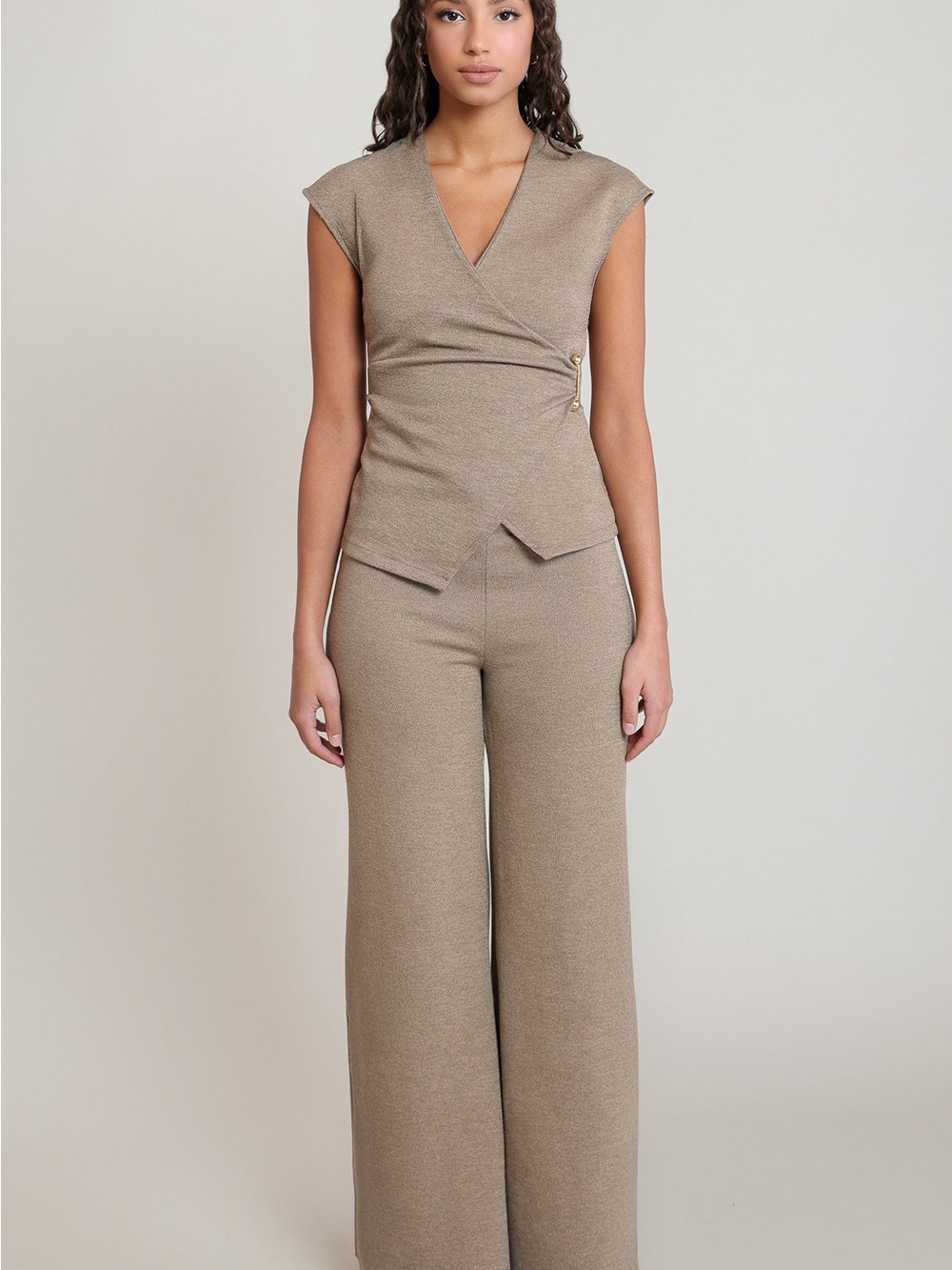 Zara Taupe Wide-Leg Jumpsuit with Wrap Bodice